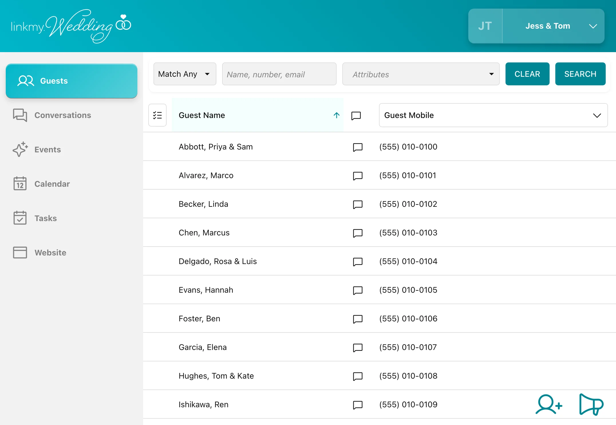 The LinkMy.Wedding guest list, with sample guests: a sidebar of Guests, Conversations, Events, Calendar, Tasks and Website, beside a searchable table of guest names and mobile numbers